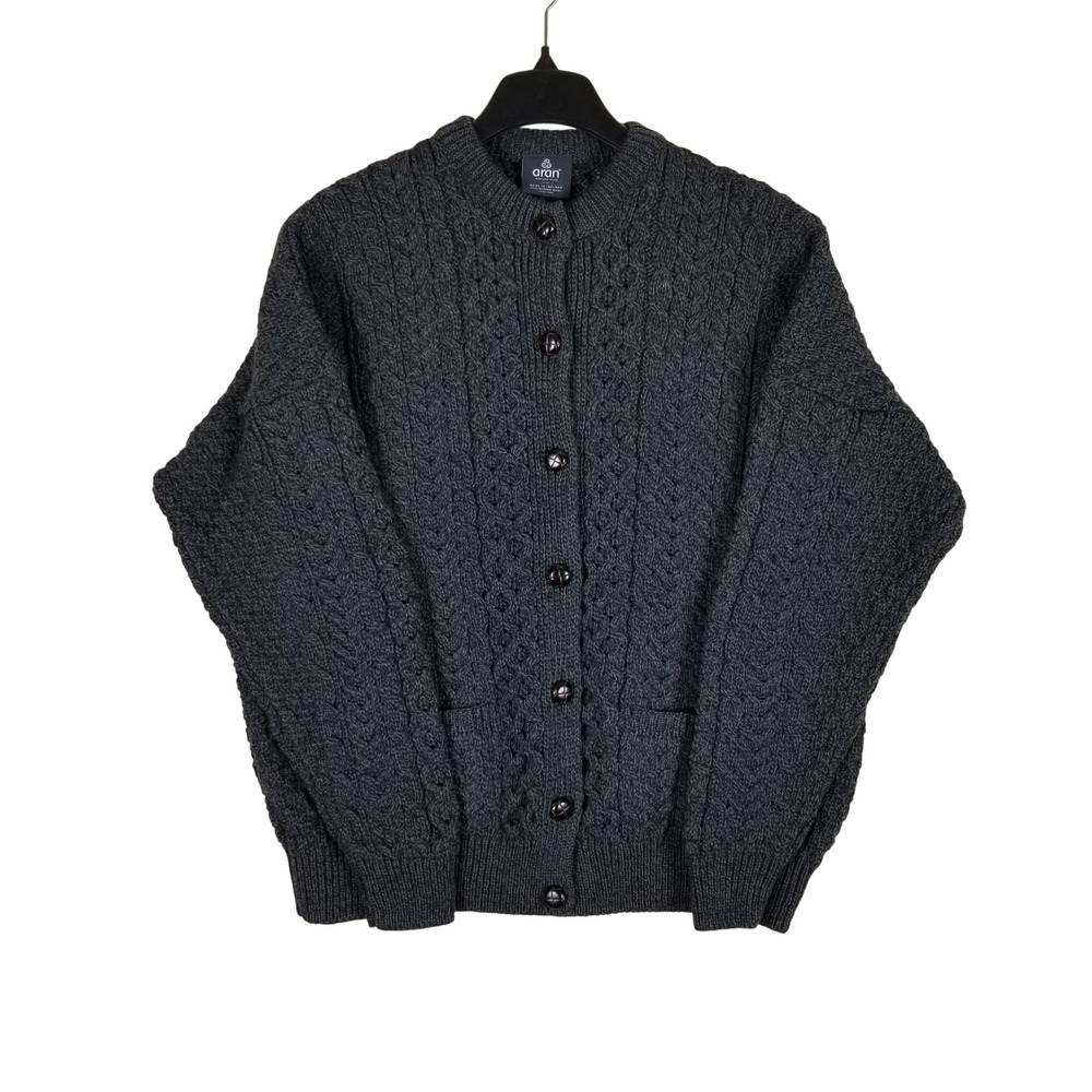 Aran Woollen Mills Cardigan Women XXL Grey Merino Wool Cable Knit Irish Sweater